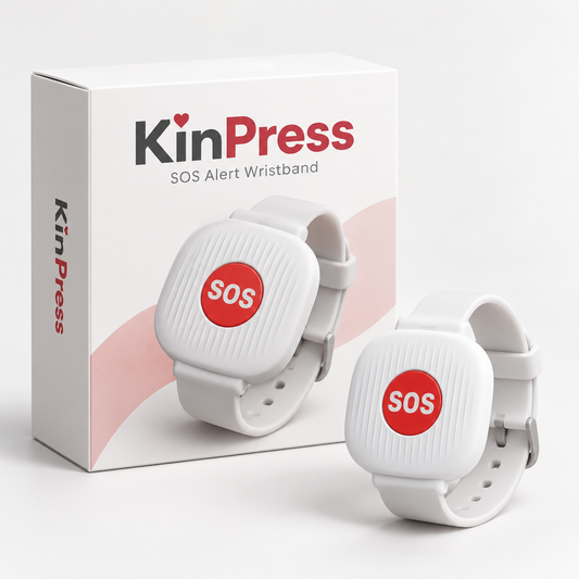 KinPress white SOS wristband and packaging